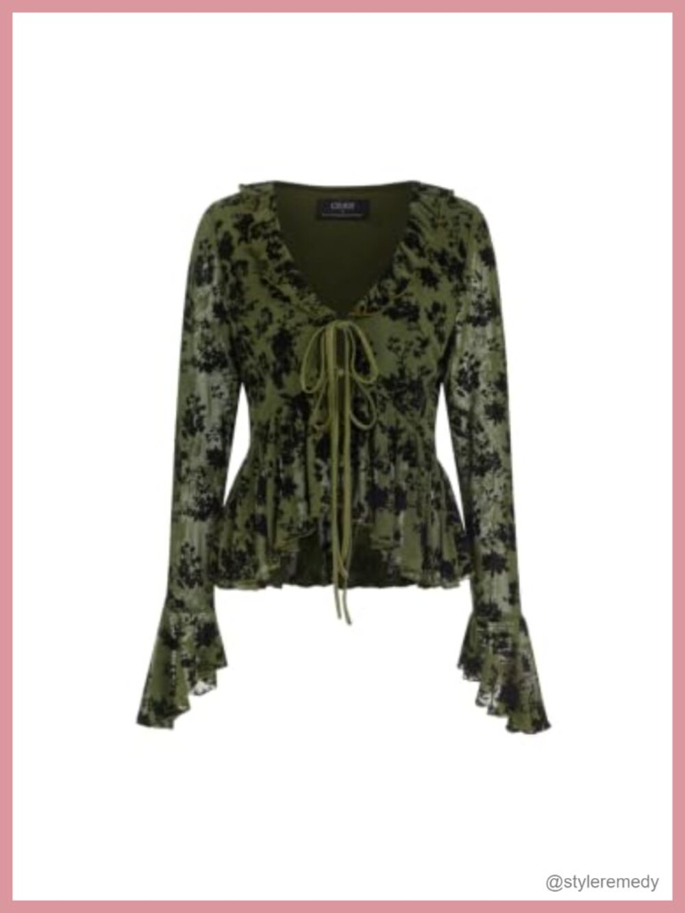 Women Floral Mesh V Neck Bell Sleeve Tie Front Blouse Top